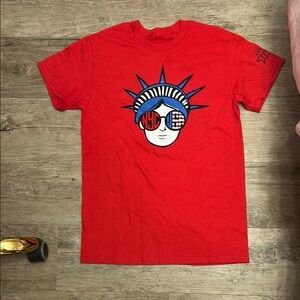Vibrant Red Short Sleeve Tee with Graphic Design